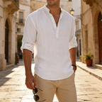 Men's Linen Cotton Blend Long Sleeve Stand Collar Shirt – Strand