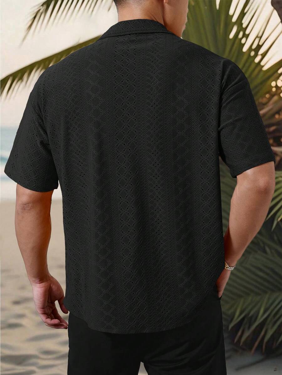 Mens Short Sleeve Crochet Shirt Jacquard Stripe Loose Fit – Darco