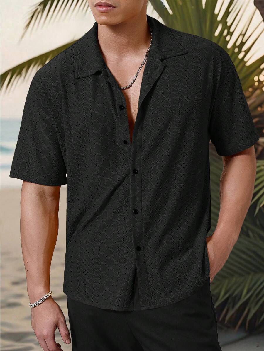 Mens Short Sleeve Crochet Shirt Jacquard Stripe Loose Fit – Darco