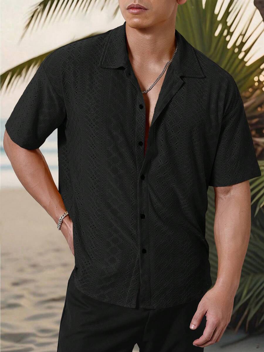 Mens Short Sleeve Crochet Shirt Jacquard Stripe Loose Fit – Darco
