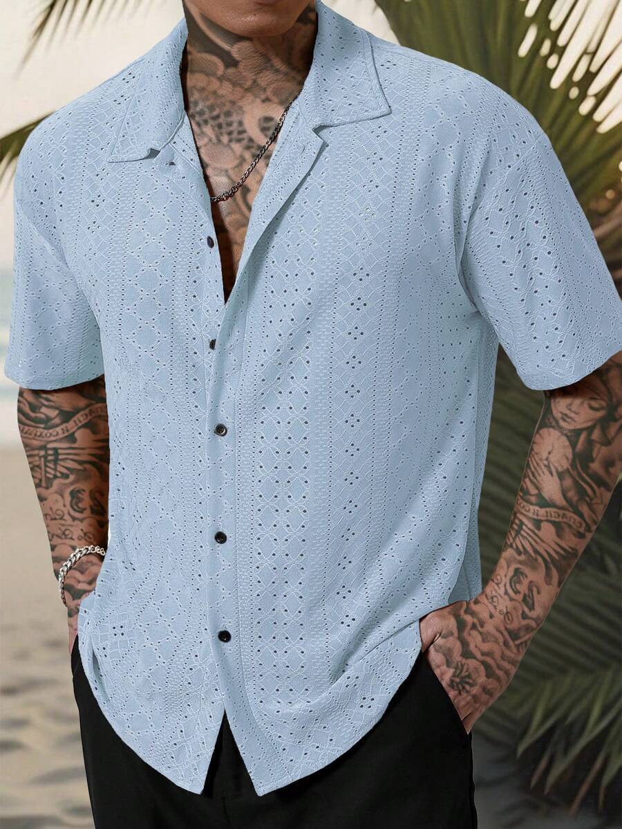 Mens Short Sleeve Crochet Shirt Jacquard Stripe Loose Fit – Darco