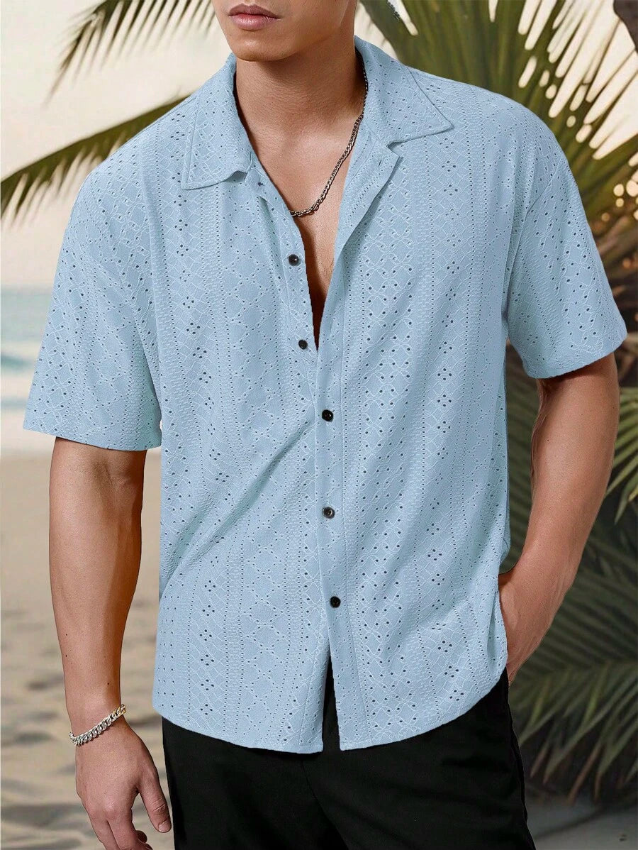 Mens Short Sleeve Crochet Shirt Jacquard Stripe Loose Fit – Darco