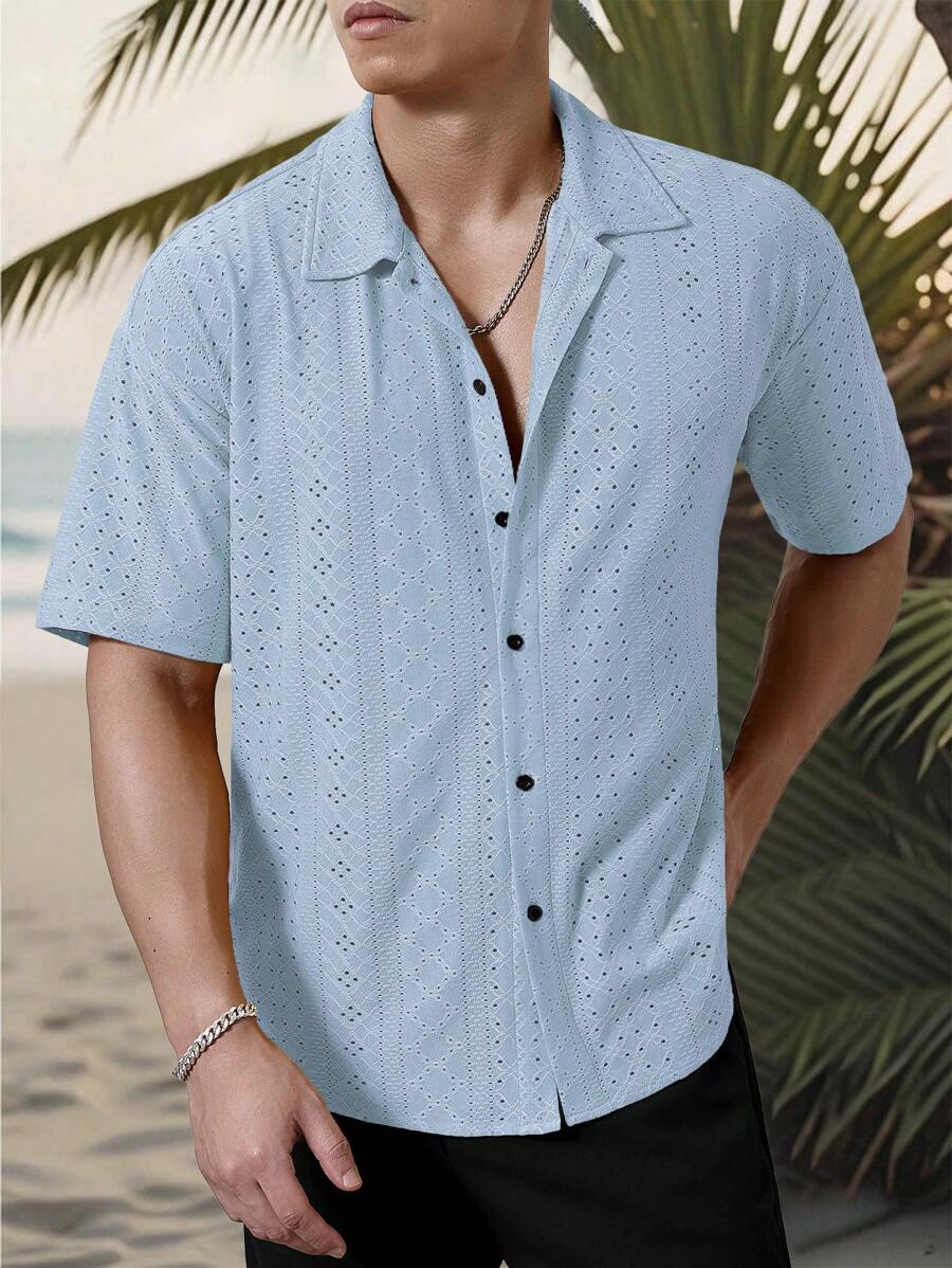 Mens Short Sleeve Crochet Shirt Jacquard Stripe Loose Fit – Darco