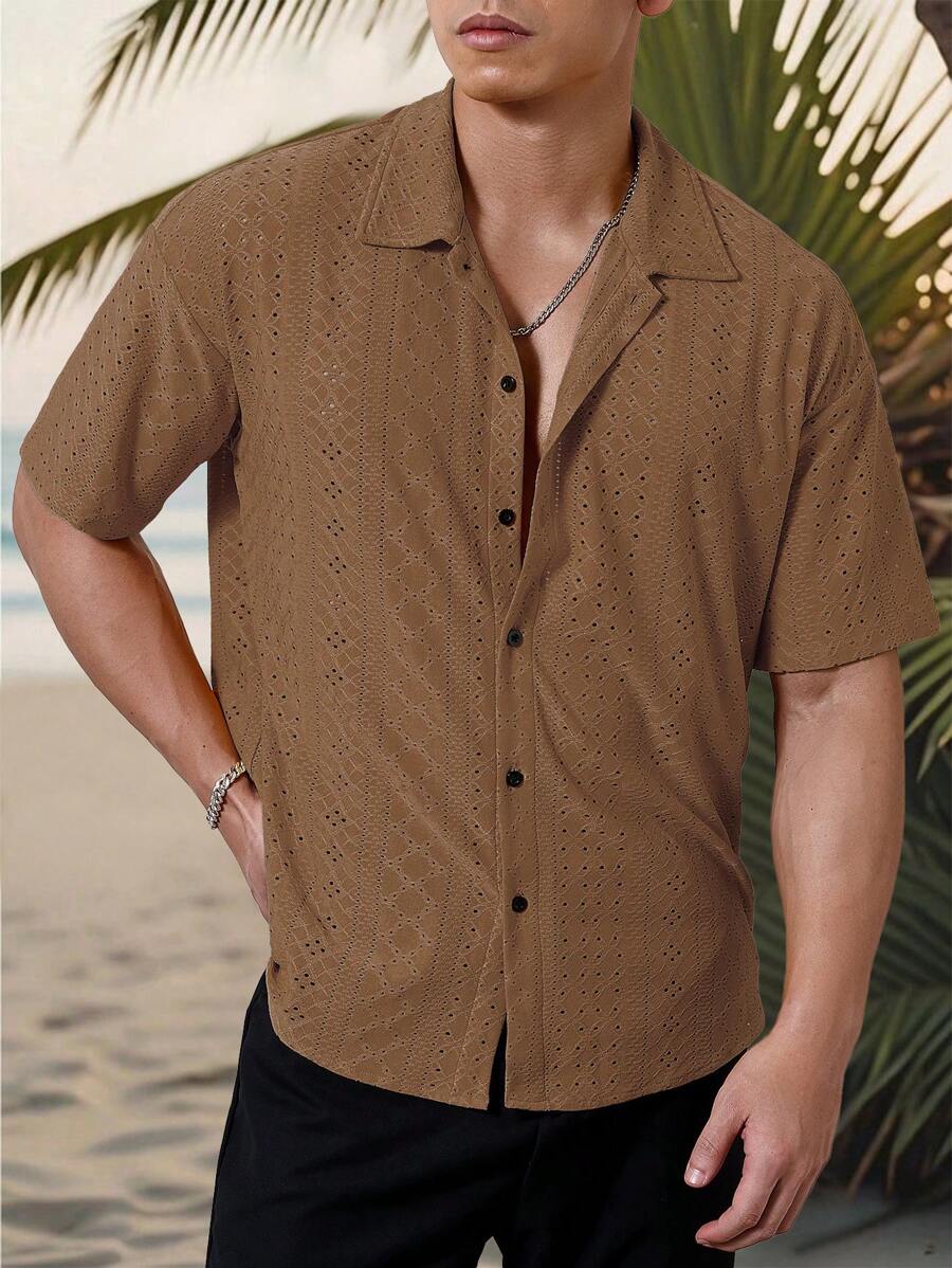 Mens Short Sleeve Crochet Shirt Jacquard Stripe Loose Fit – Darco