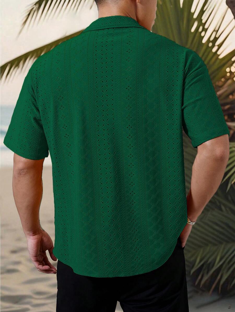 Mens Short Sleeve Crochet Shirt Jacquard Stripe Loose Fit – Darco