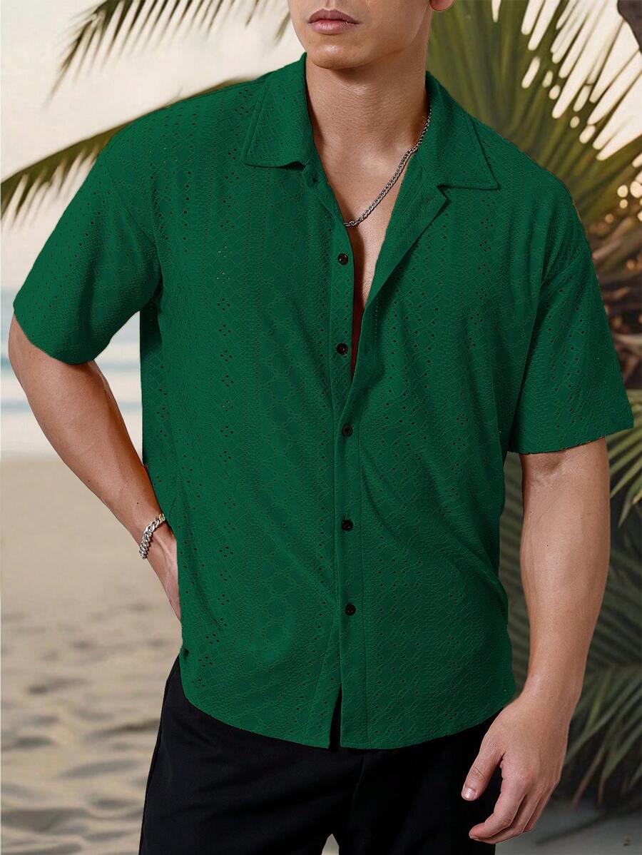 Mens Short Sleeve Crochet Shirt Jacquard Stripe Loose Fit – Darco