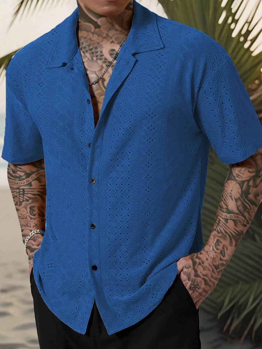 Mens Short Sleeve Crochet Shirt Jacquard Stripe Loose Fit – Darco