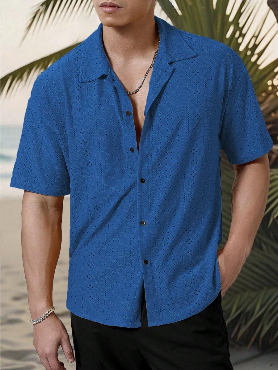 Mens Short Sleeve Crochet Shirt Jacquard Stripe Loose Fit – Darco