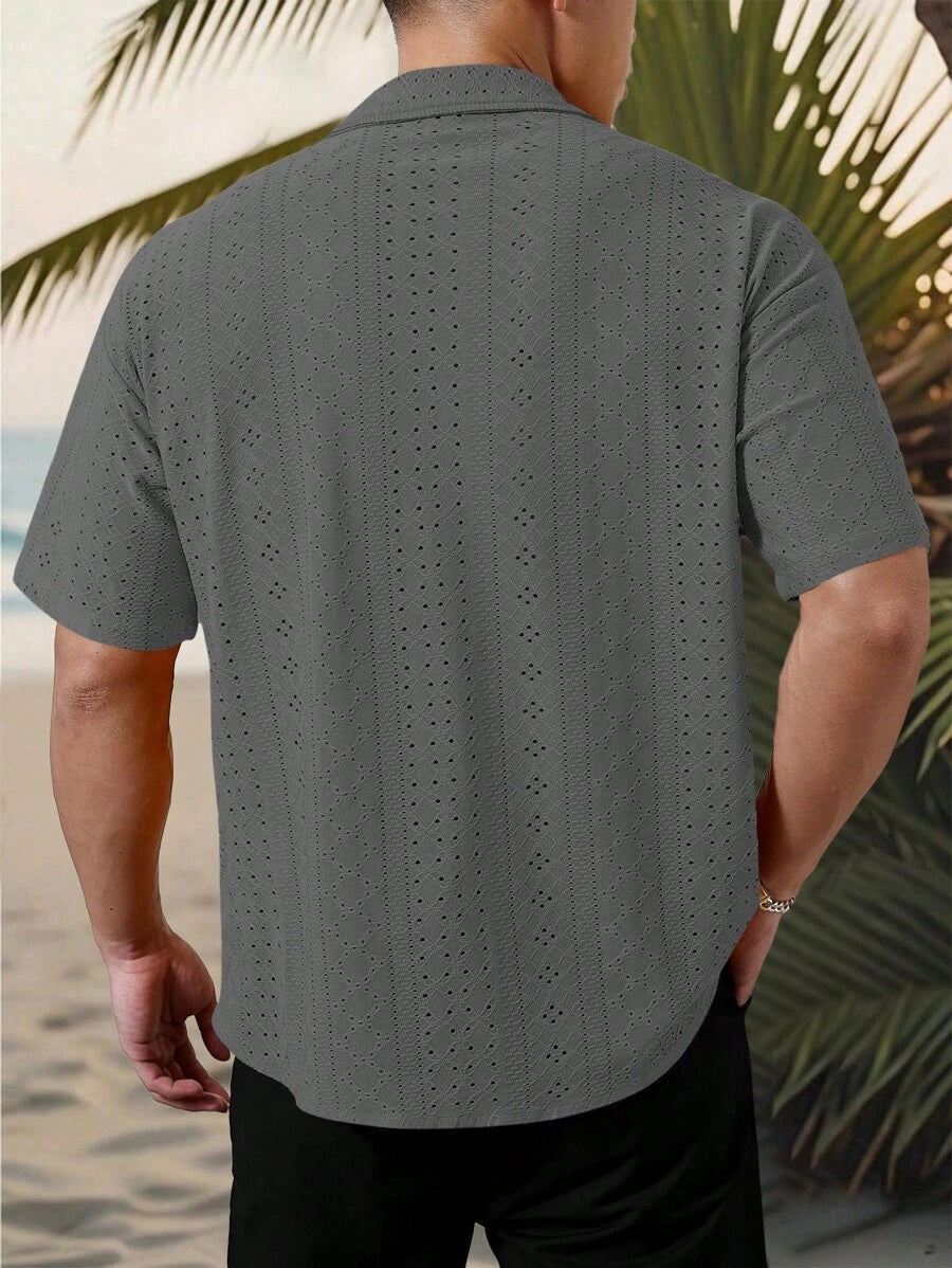Mens Short Sleeve Crochet Shirt Jacquard Stripe Loose Fit – Darco
