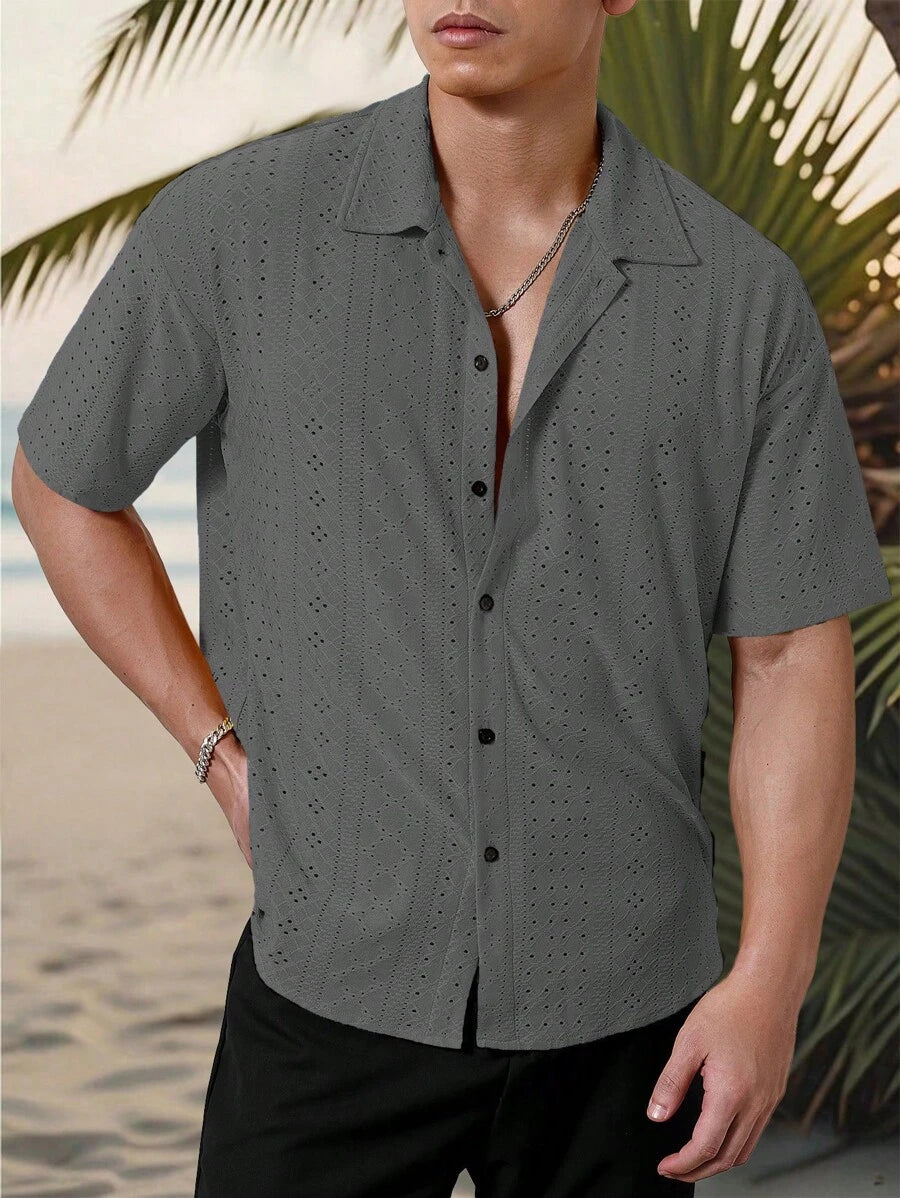 Mens Short Sleeve Crochet Shirt Jacquard Stripe Loose Fit – Darco