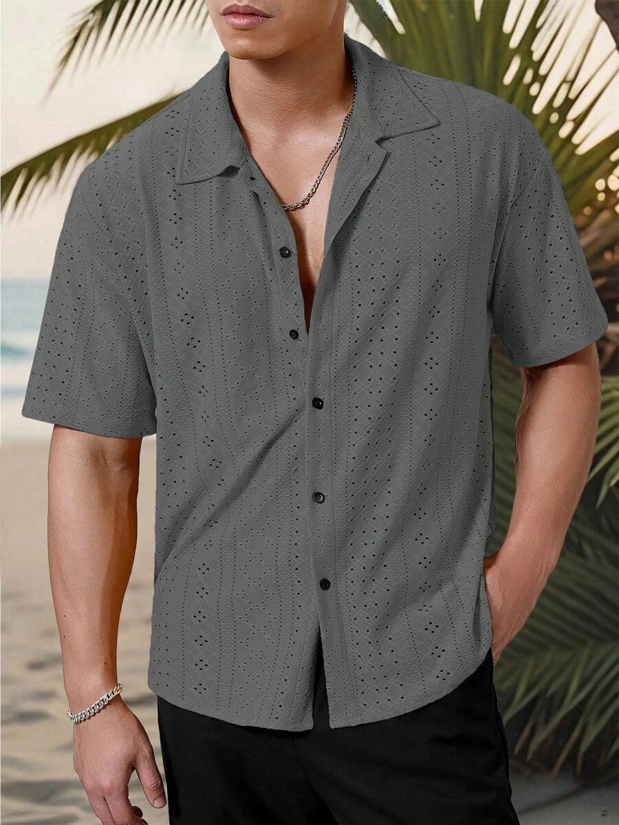 Mens Short Sleeve Crochet Shirt Jacquard Stripe Loose Fit – Darco