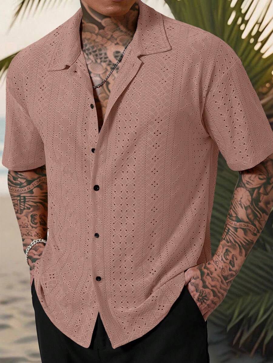 Mens Short Sleeve Crochet Shirt Jacquard Stripe Loose Fit – Darco