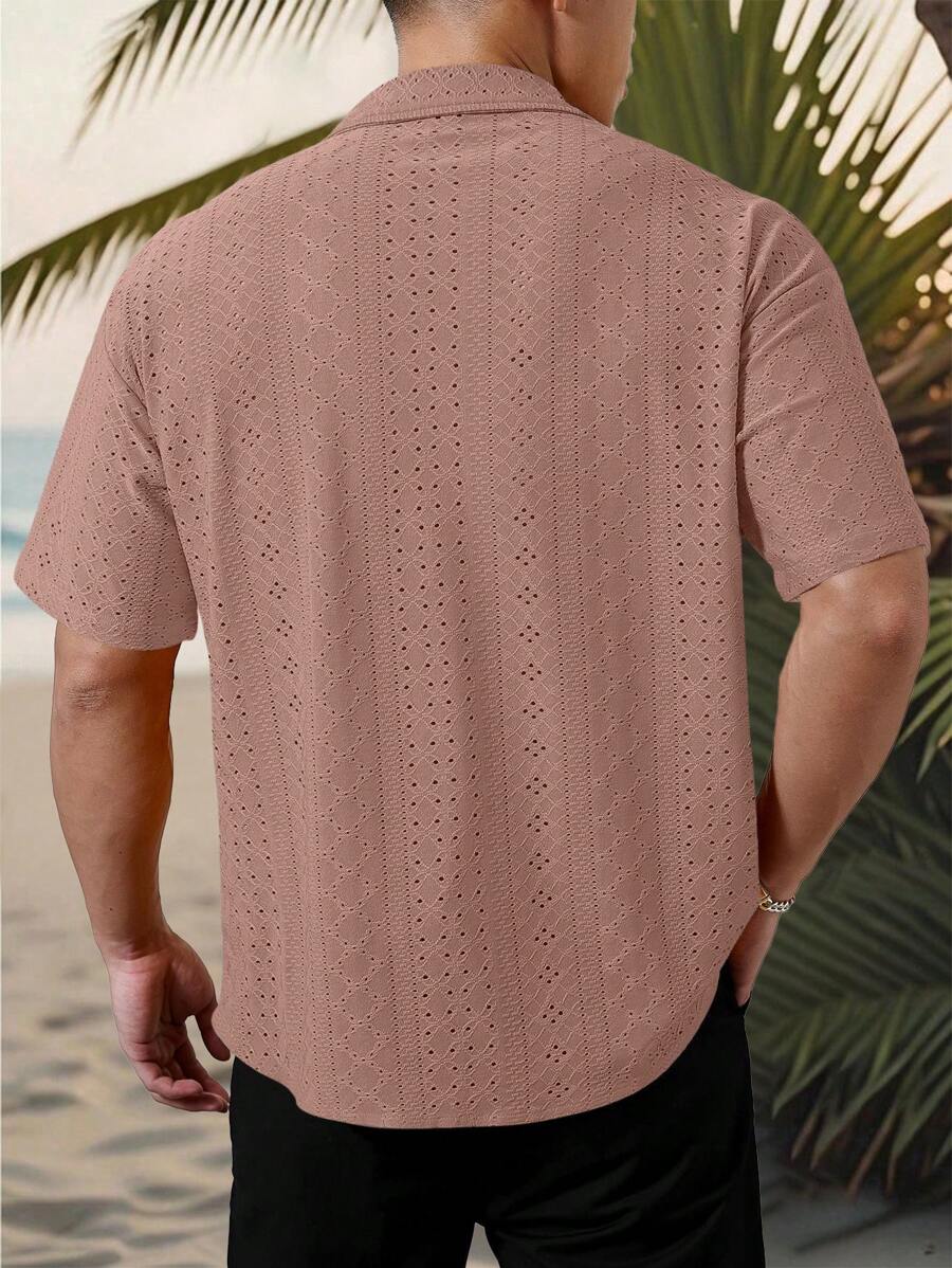 Mens Short Sleeve Crochet Shirt Jacquard Stripe Loose Fit – Darco