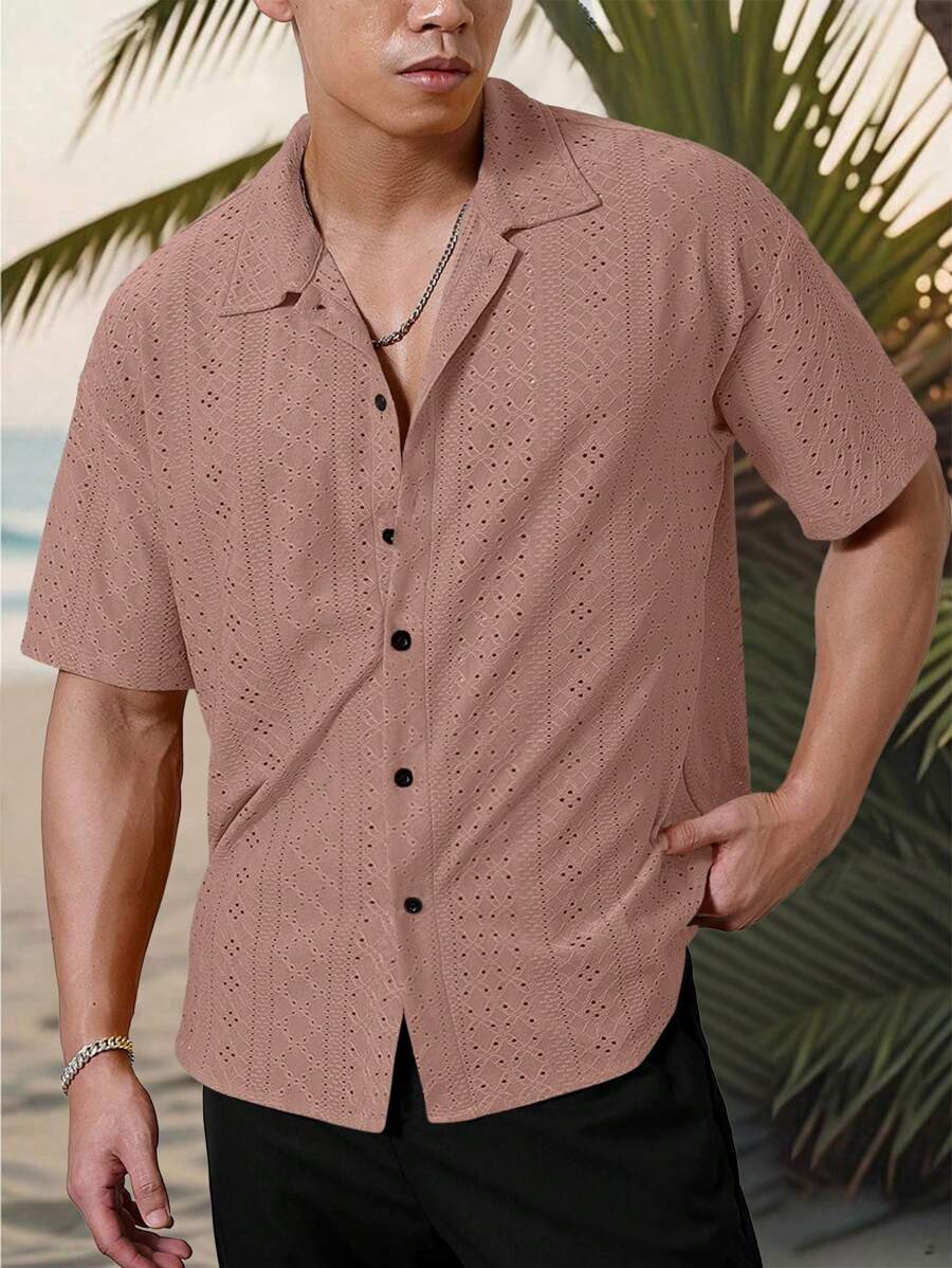 Mens Short Sleeve Crochet Shirt Jacquard Stripe Loose Fit – Darco