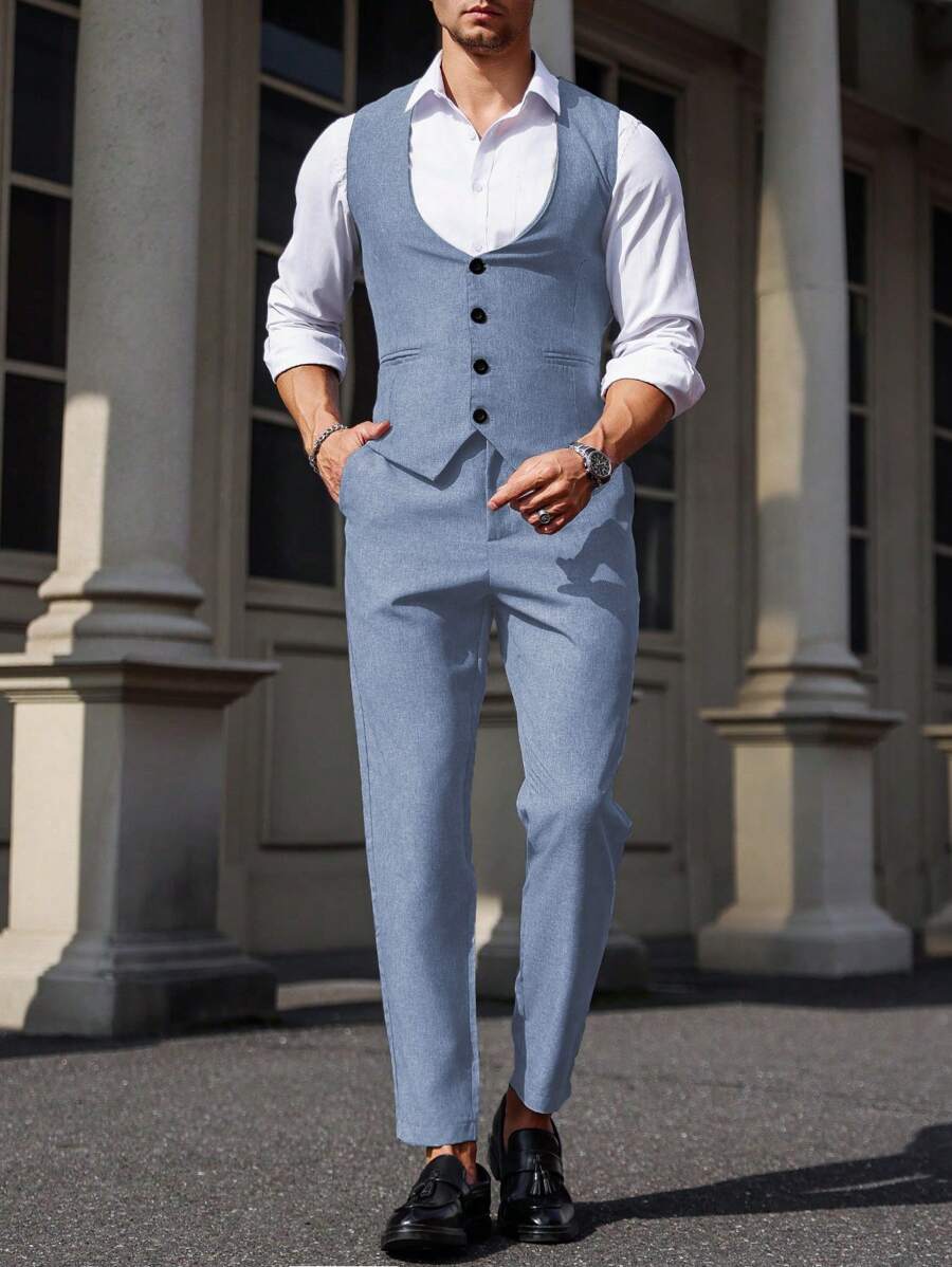 Mens Pant and Vest Set Woven Polyester V-Neck Sleeveless 2-Piece Formal – Galso