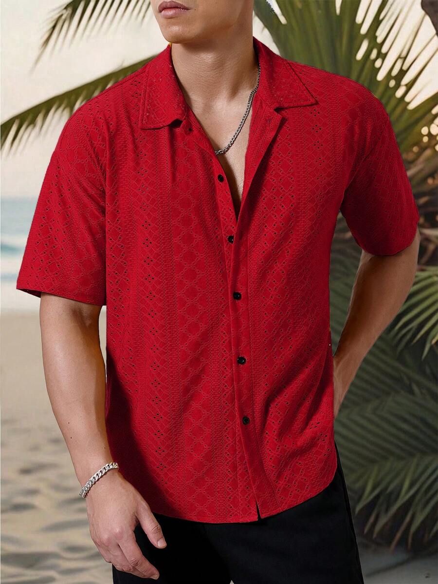 Mens Short Sleeve Crochet Shirt Jacquard Stripe Loose Fit – Darco