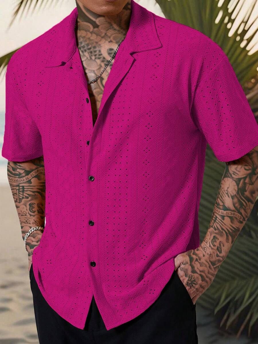 Mens Short Sleeve Crochet Shirt Jacquard Stripe Loose Fit – Darco
