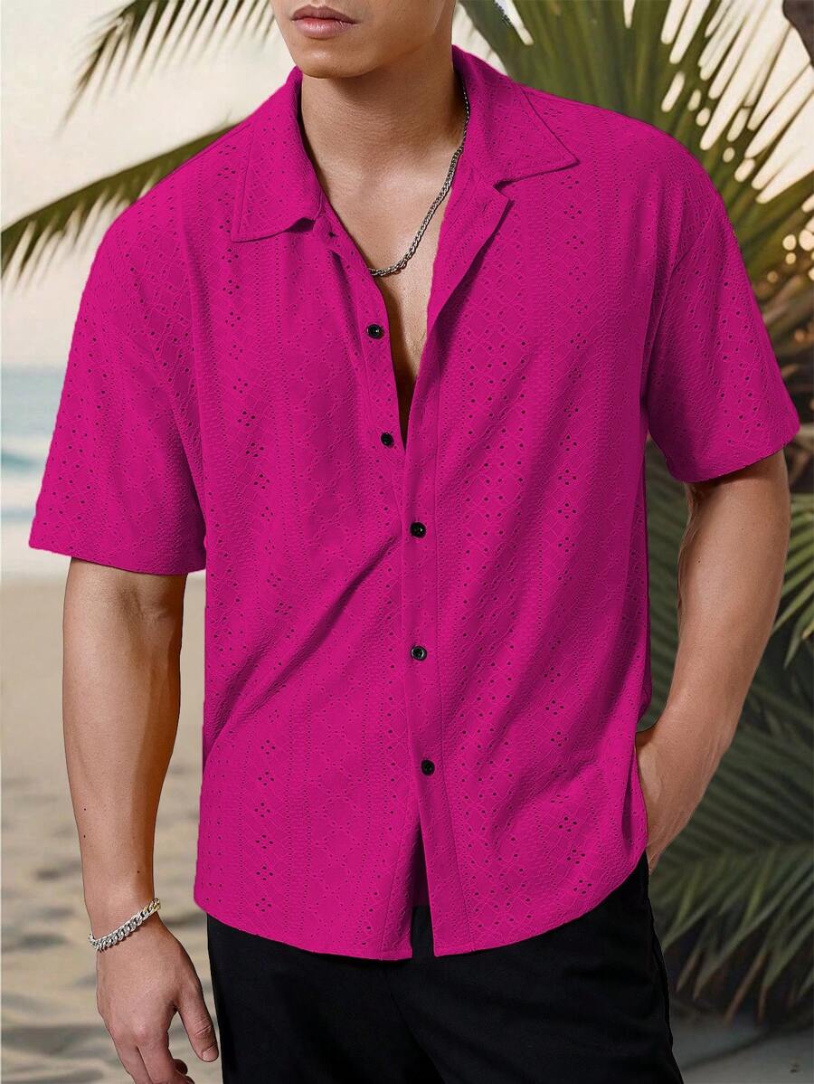 Mens Short Sleeve Crochet Shirt Jacquard Stripe Loose Fit – Darco