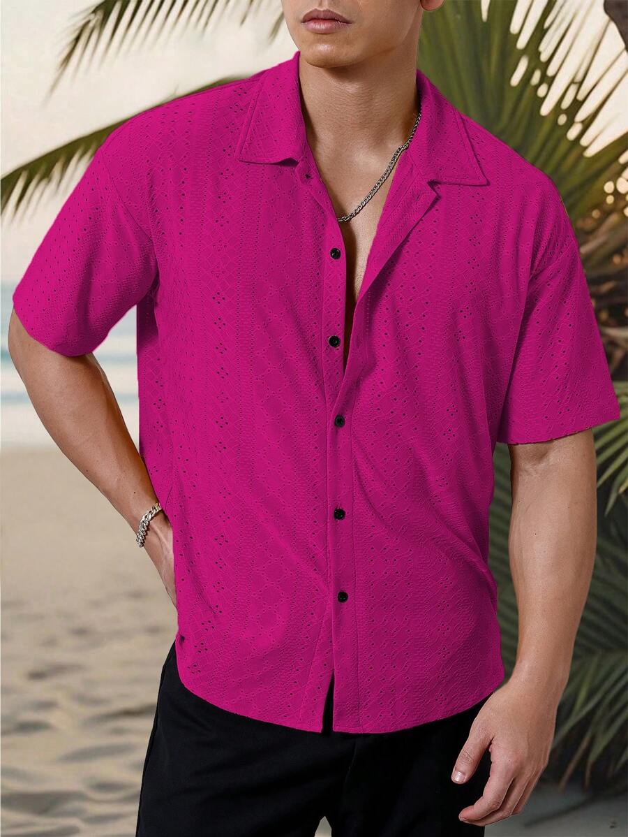 Mens Short Sleeve Crochet Shirt Jacquard Stripe Loose Fit – Darco