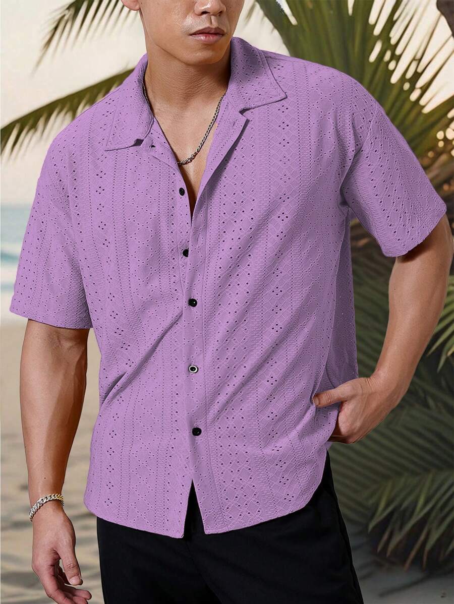 Mens Short Sleeve Crochet Shirt Jacquard Stripe Loose Fit – Darco