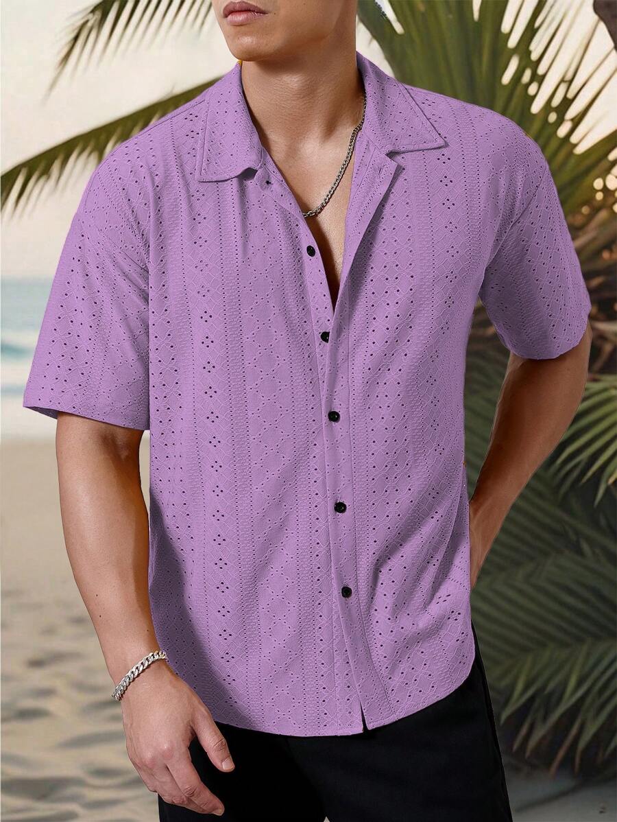 Mens Short Sleeve Crochet Shirt Jacquard Stripe Loose Fit – Darco