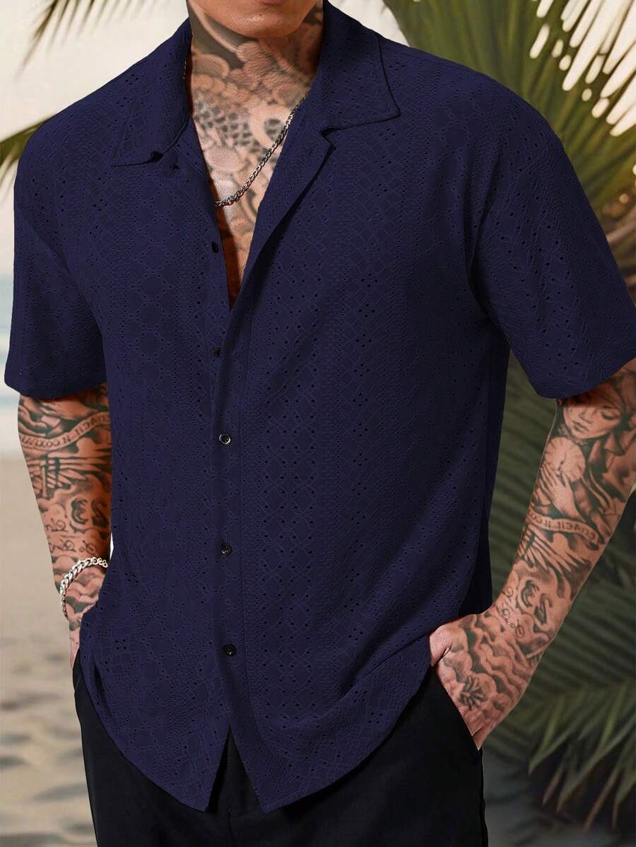 Mens Short Sleeve Crochet Shirt Jacquard Stripe Loose Fit – Darco