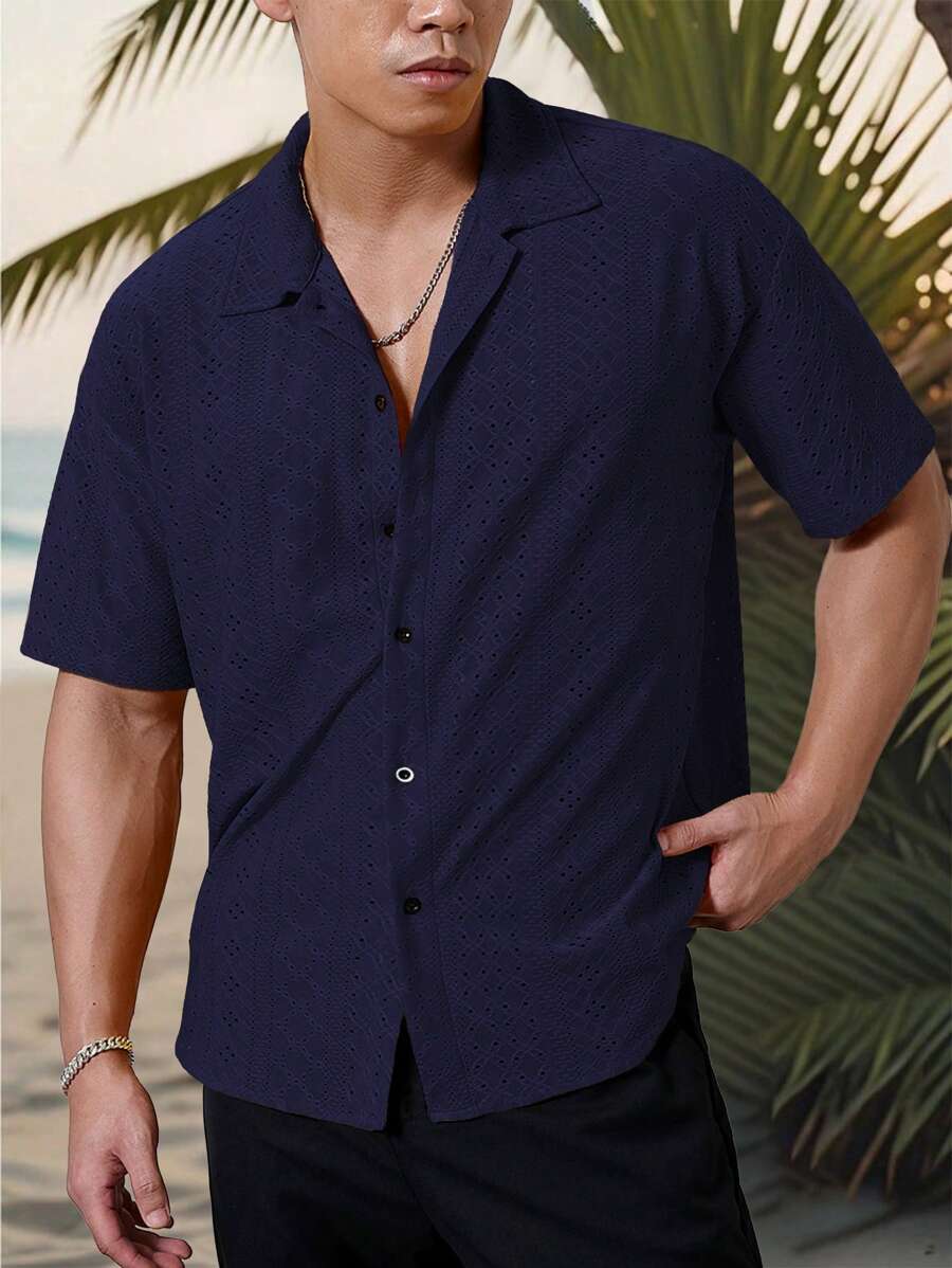 Mens Short Sleeve Crochet Shirt Jacquard Stripe Loose Fit – Darco