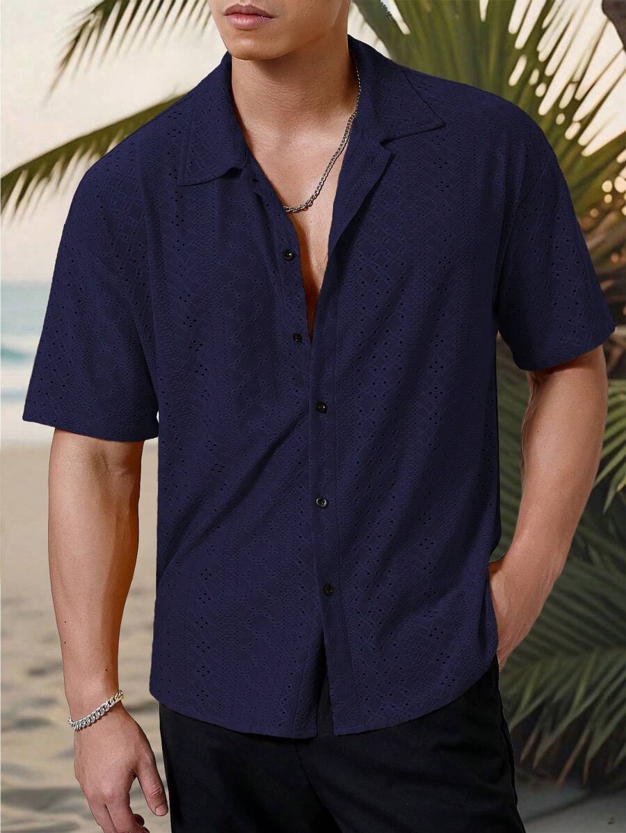 Mens Short Sleeve Crochet Shirt Jacquard Stripe Loose Fit – Darco