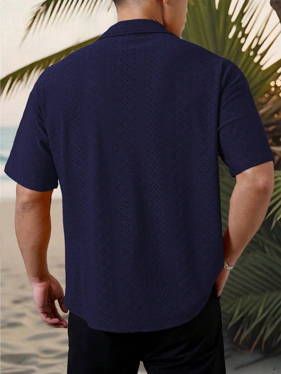 Mens Short Sleeve Crochet Shirt Jacquard Stripe Loose Fit – Darco