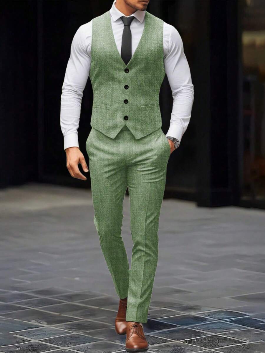 Mens Pant and Vest Set Woven Polyester V-Neck Sleeveless 2-Piece Formal – Galso