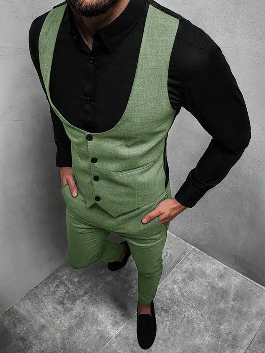 Mens Pant and Vest Set Woven Polyester V-Neck Sleeveless 2-Piece Formal – Galso