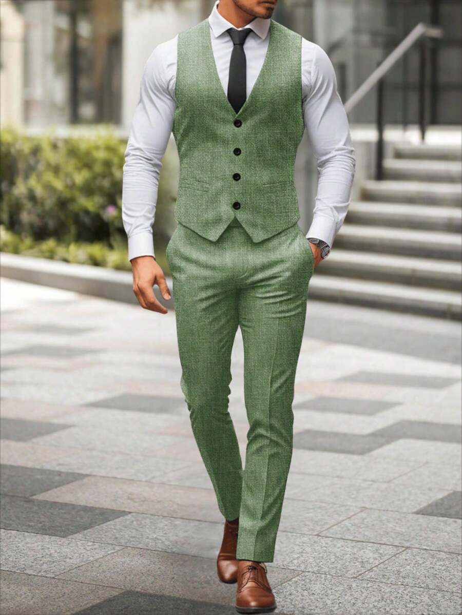 Mens Pant and Vest Set Woven Polyester V-Neck Sleeveless 2-Piece Formal – Galso