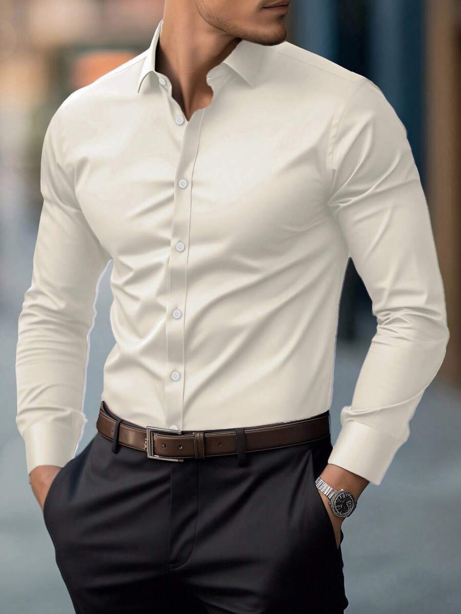 Shirt Shop Stand Collar Button-Up Long Sleeve Polyester Stretch – Marvo