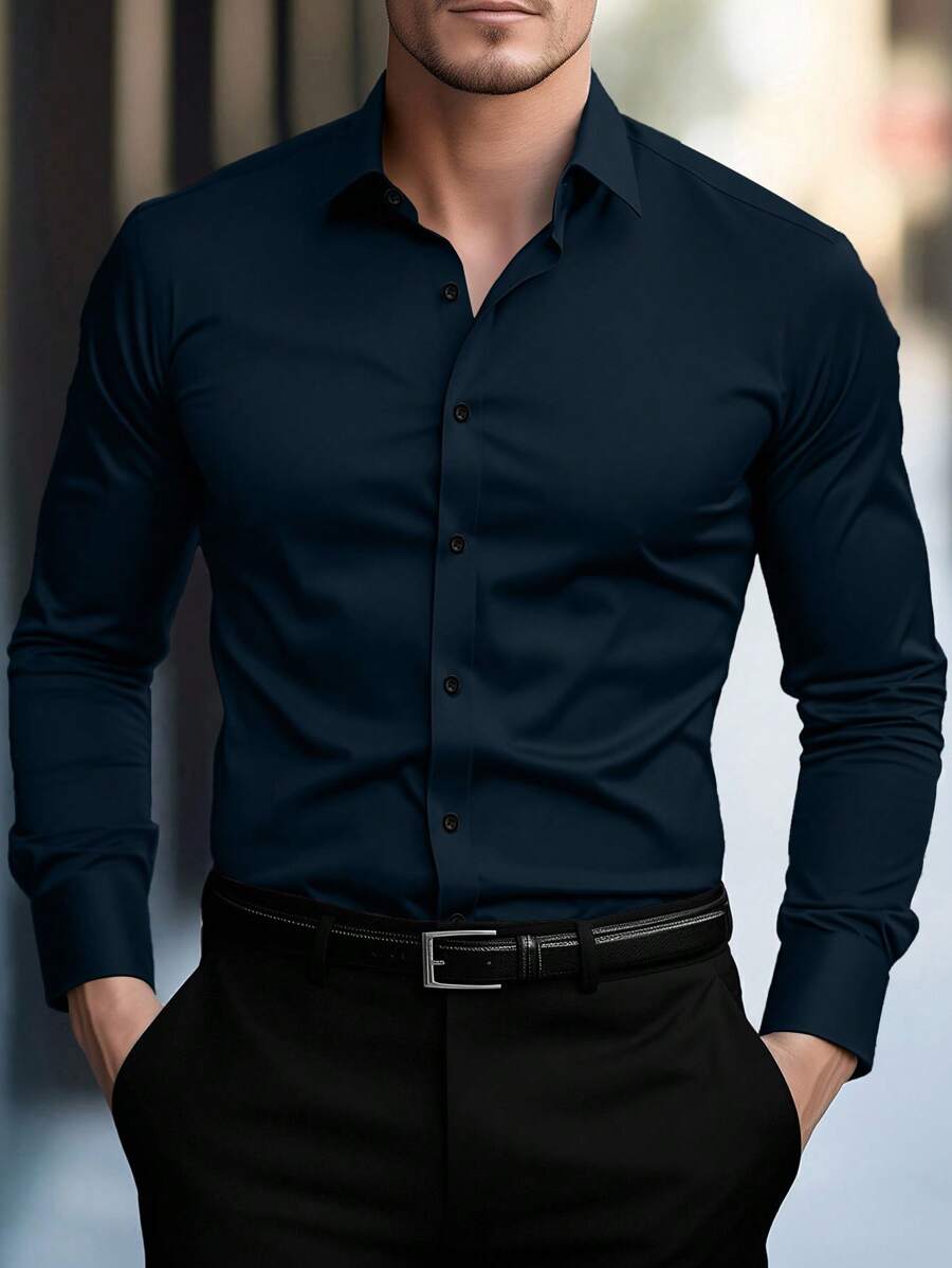 Shirt Shop Stand Collar Button-Up Long Sleeve Polyester Stretch – Marvo