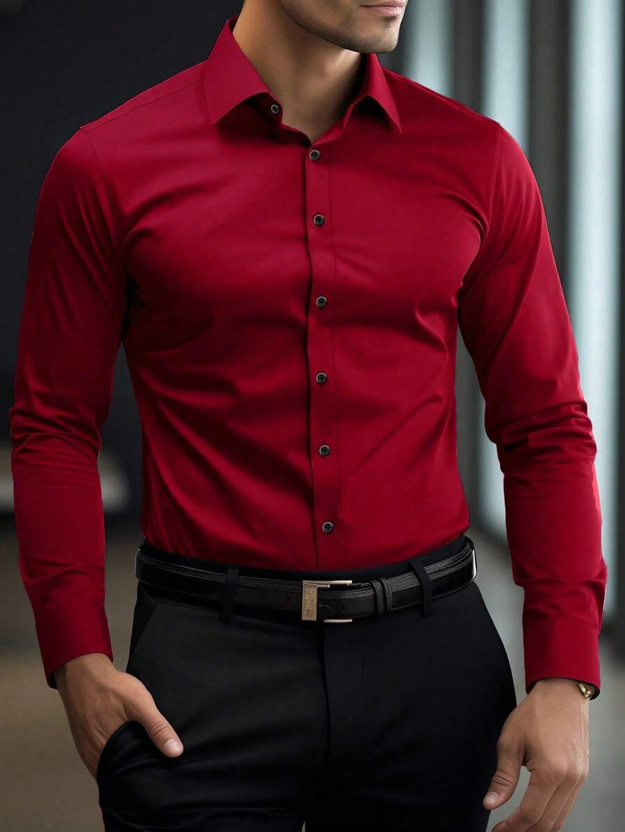 Shirt Shop Stand Collar Button-Up Long Sleeve Polyester Stretch – Marvo
