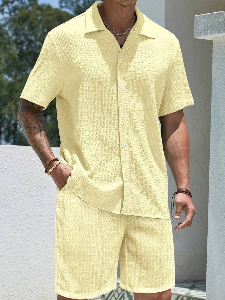 Mens Pant and Shirt Set Jacquard Short Sleeve Button-Up – Tarlen