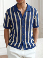 Mens Short Sleeve Crochet Knit Shirt Stripe Button Front – Drenval
