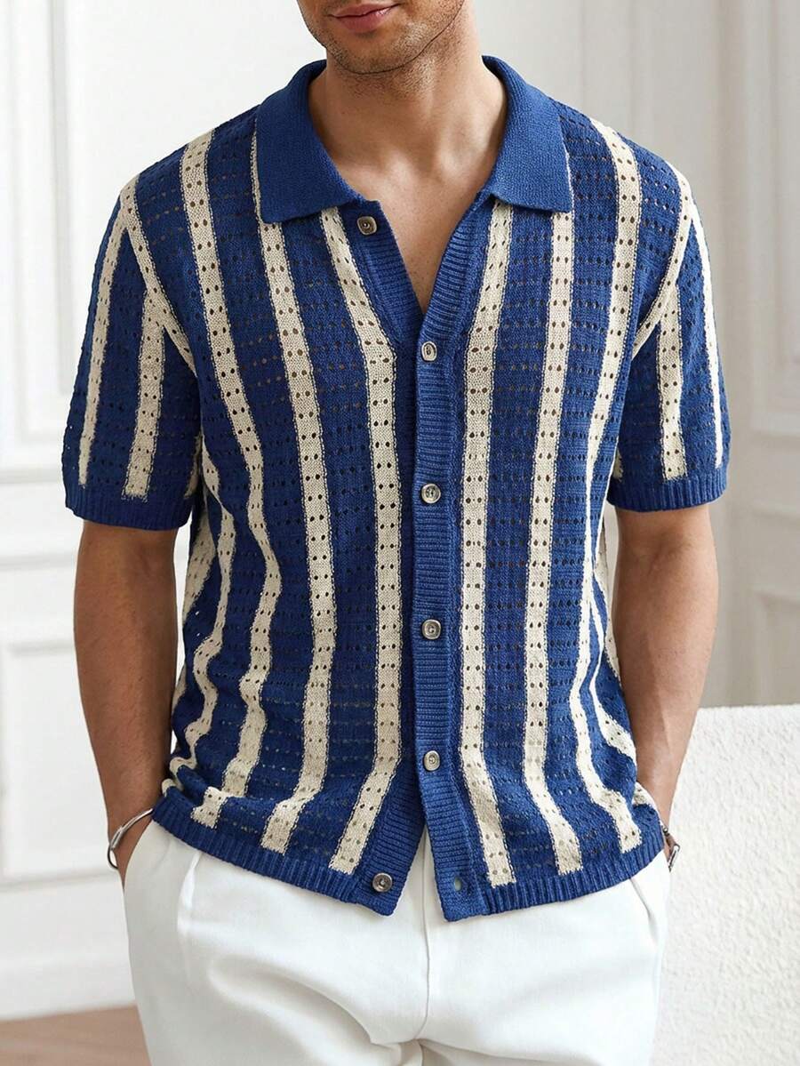 Mens Short Sleeve Crochet Knit Shirt Stripe Button Front – Drenval