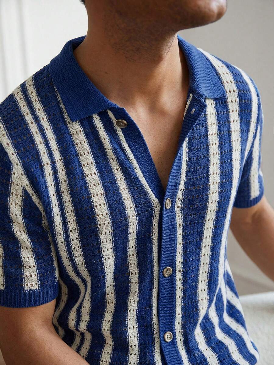 Mens Short Sleeve Crochet Knit Shirt Stripe Button Front – Drenval