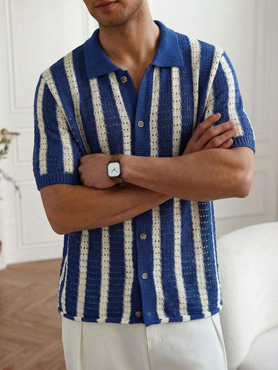 Mens Short Sleeve Crochet Knit Shirt Stripe Button Front – Drenval