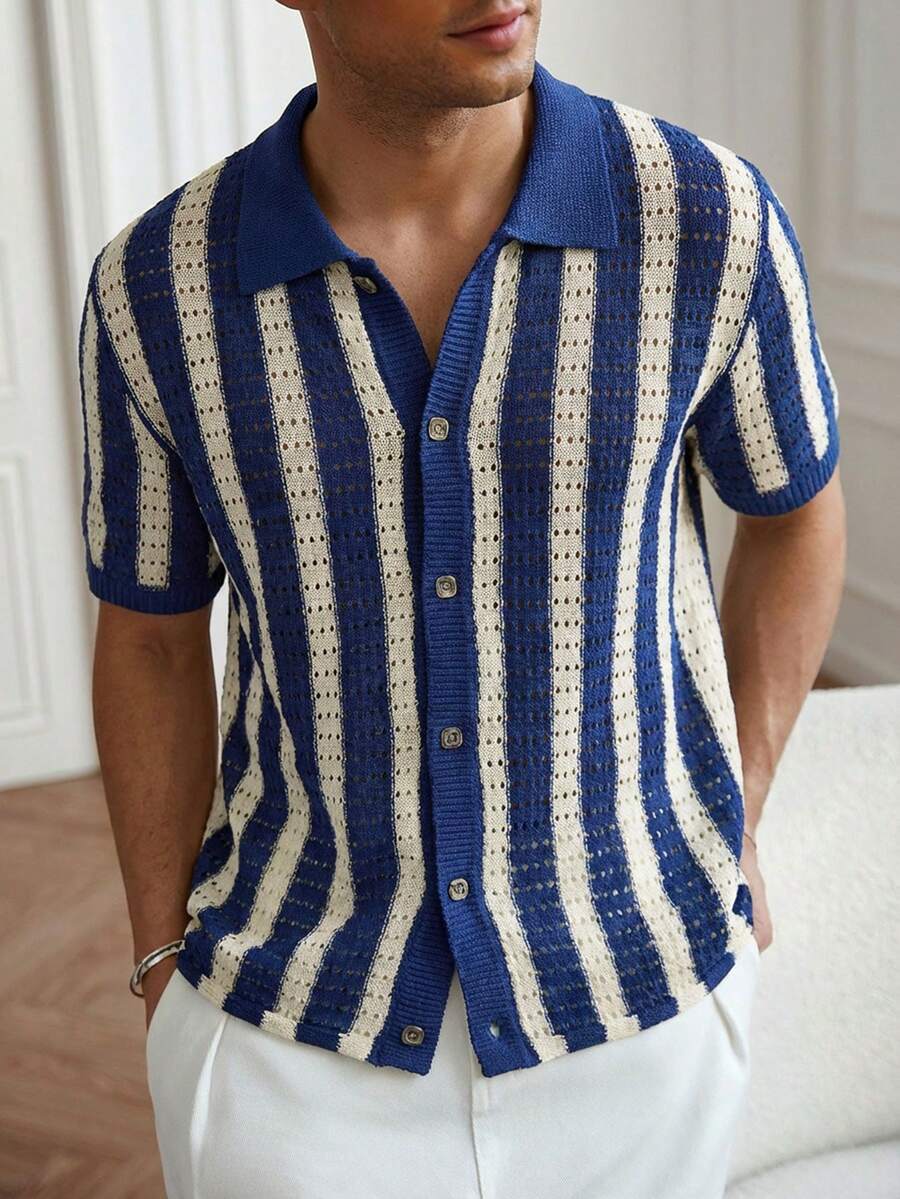 Mens Short Sleeve Crochet Knit Shirt Stripe Button Front – Drenval