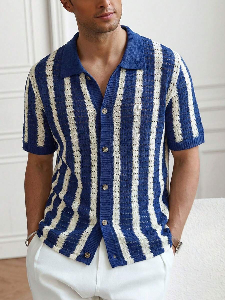 Mens Short Sleeve Crochet Knit Shirt Stripe Button Front – Drenval
