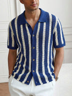 Mens Short Sleeve Crochet Knit Shirt Stripe Button Front – Drenval