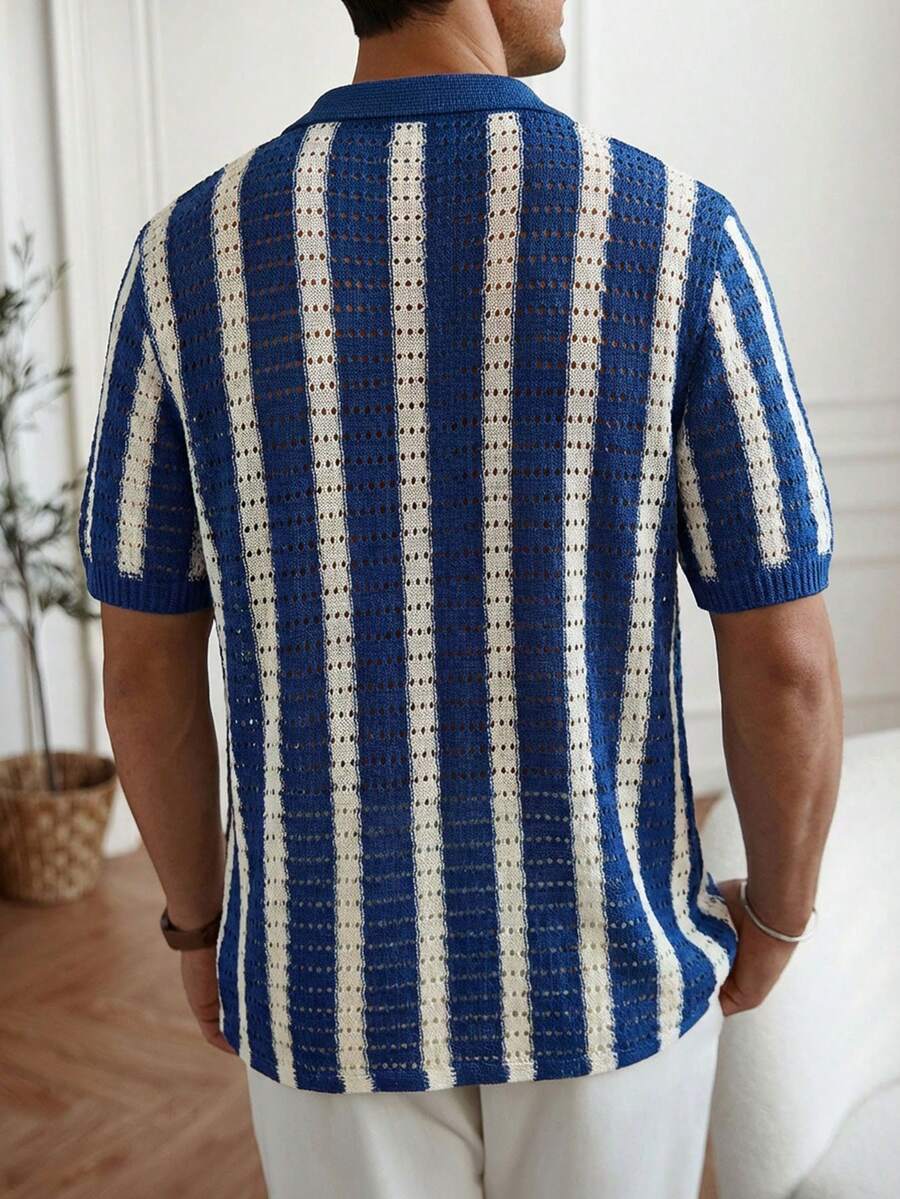 Mens Short Sleeve Crochet Knit Shirt Stripe Button Front – Drenval