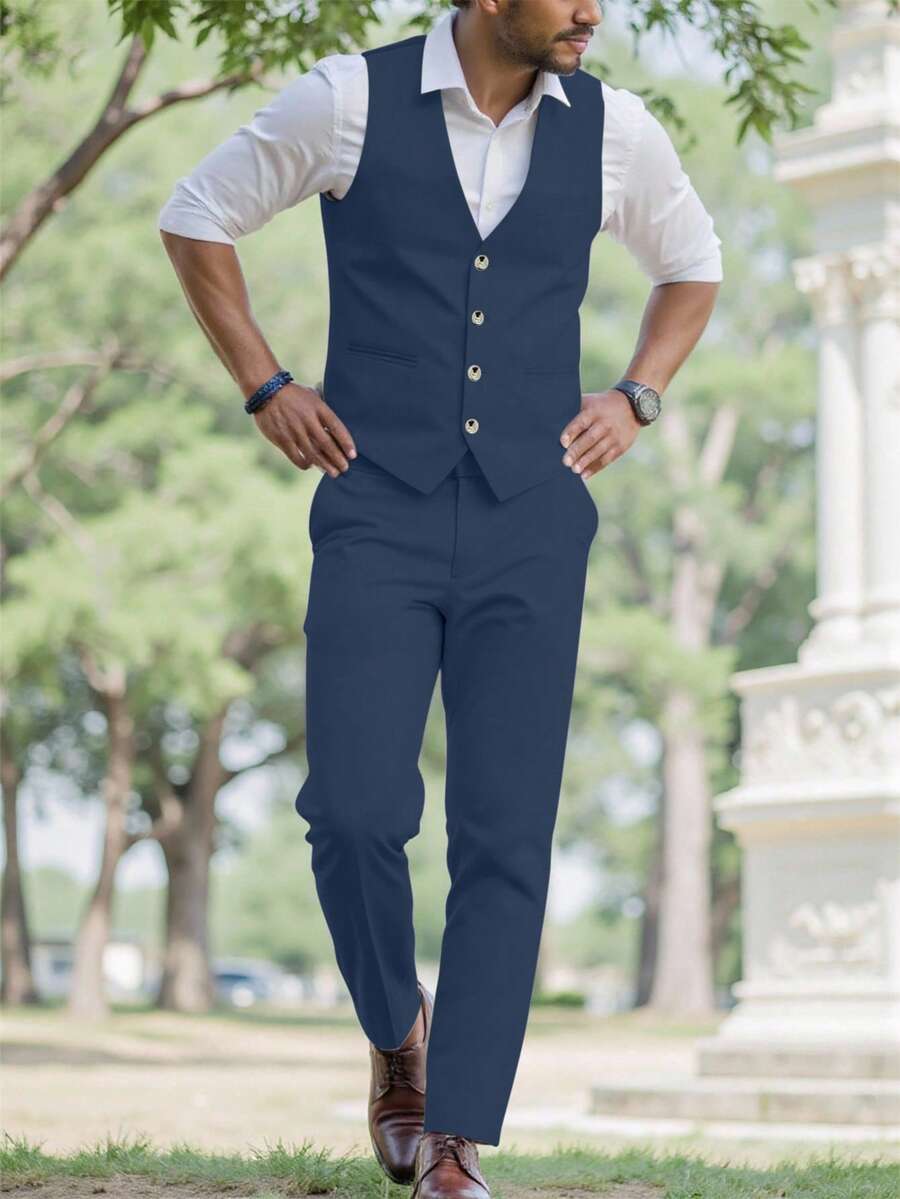 Mens Pant and Vest Set Woven Polyester V-Neck Sleeveless 2-Piece Formal – Galso