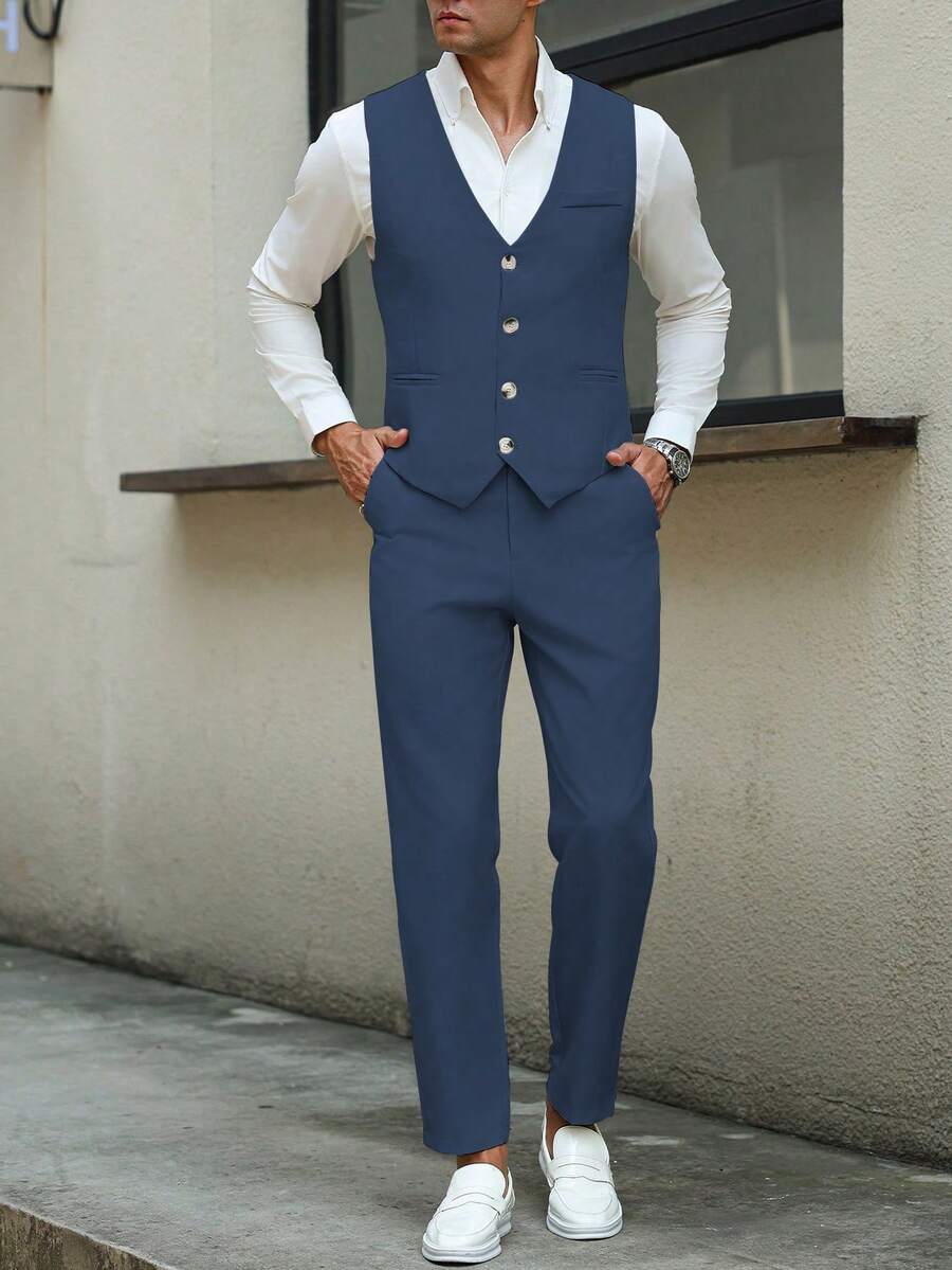 Mens Pant and Vest Set Woven Polyester V-Neck Sleeveless 2-Piece Formal – Galso