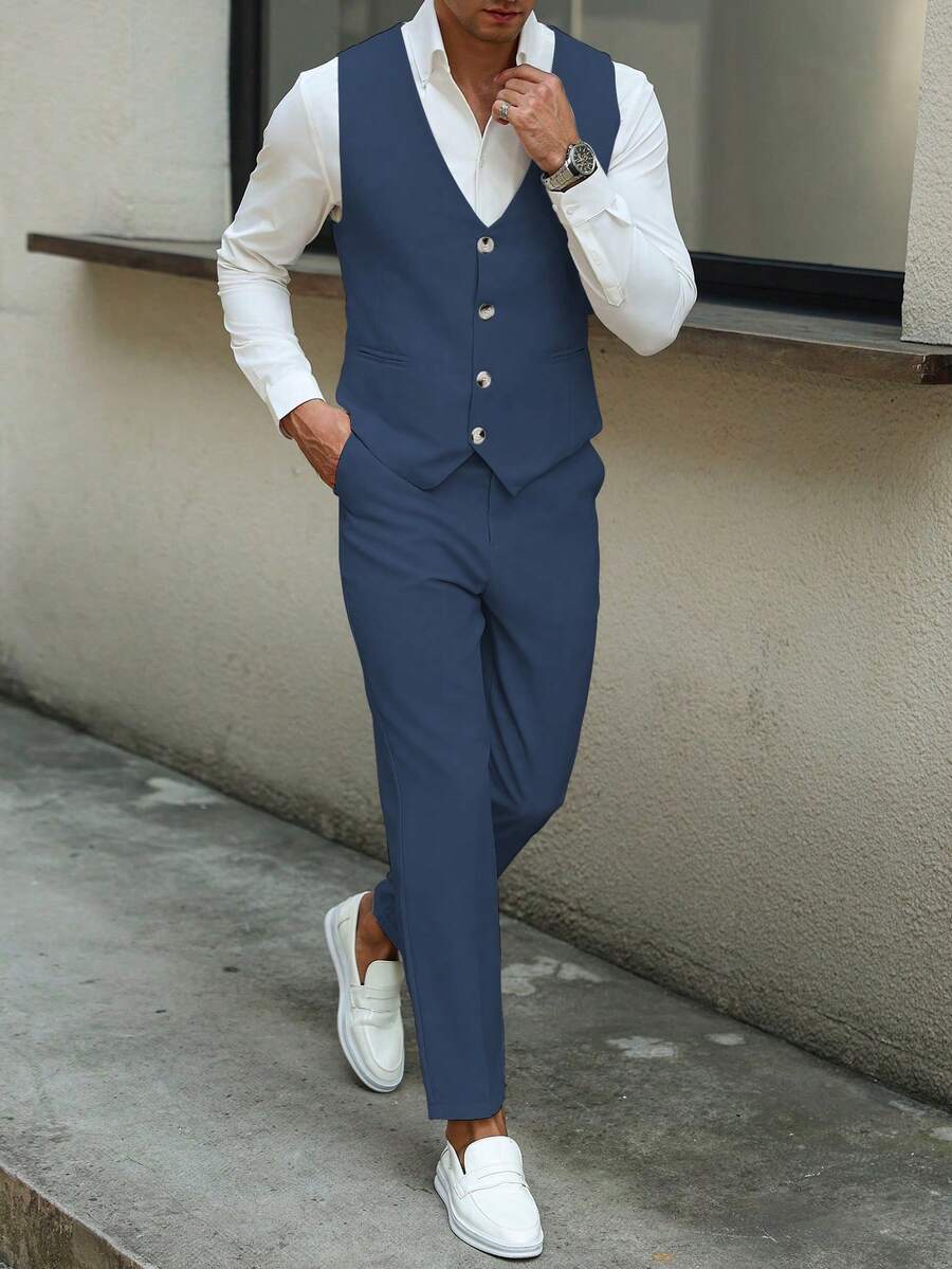 Mens Pant and Vest Set Woven Polyester V-Neck Sleeveless 2-Piece Formal – Galso