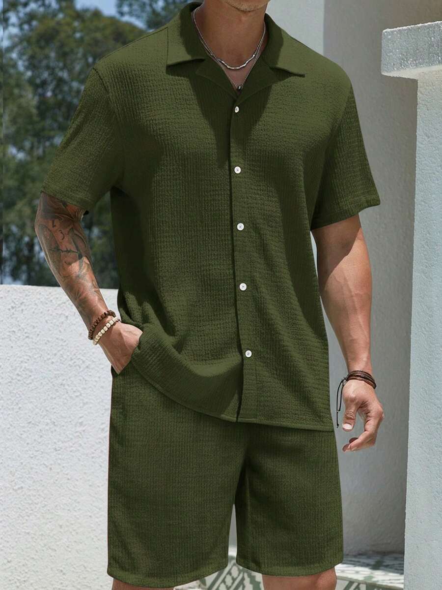Mens Pant and Shirt Set Jacquard Short Sleeve Button-Up – Tarlen