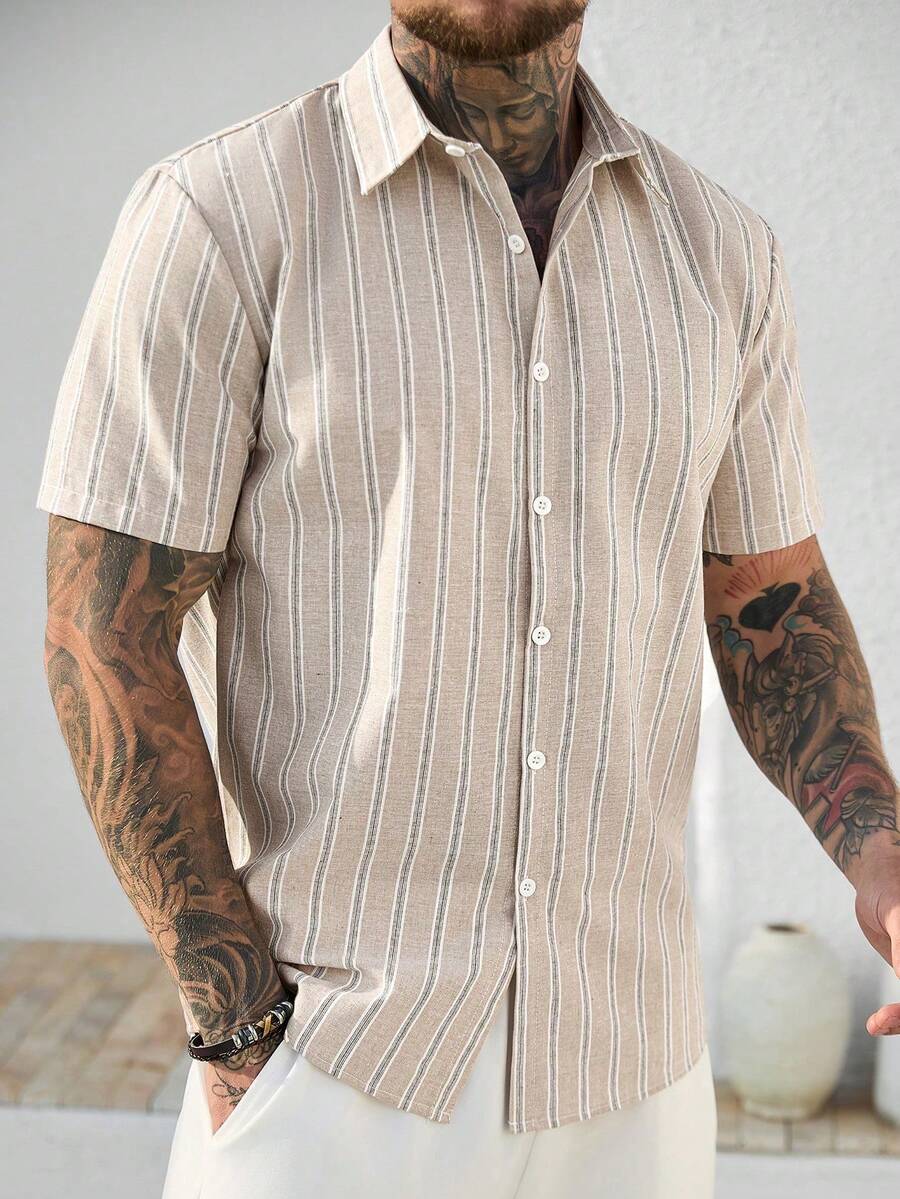 Mens Short Sleeve Button-Down Shirt Polyester Blend Regular Fit – Faldon