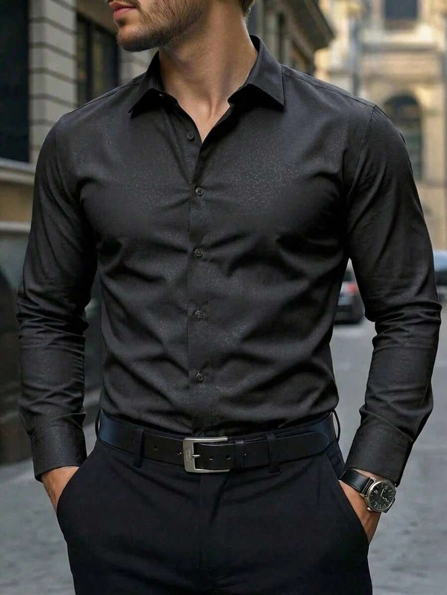 Shirt Shop Stand Collar Button-Up Long Sleeve Polyester Stretch – Marvo